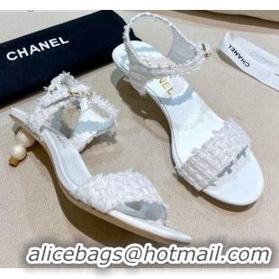 Unique Grade Chanel Tweed Pearl Heel Sandals 050610 White 2021