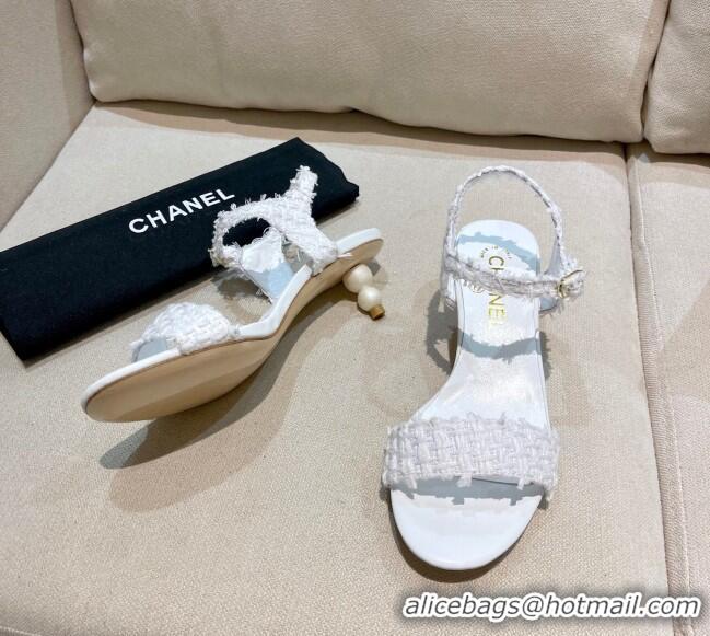 Unique Grade Chanel Tweed Pearl Heel Sandals 050610 White 2021