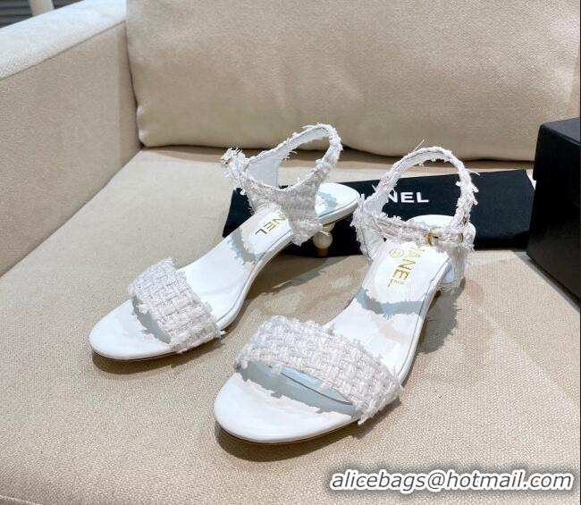 Unique Grade Chanel Tweed Pearl Heel Sandals 050610 White 2021