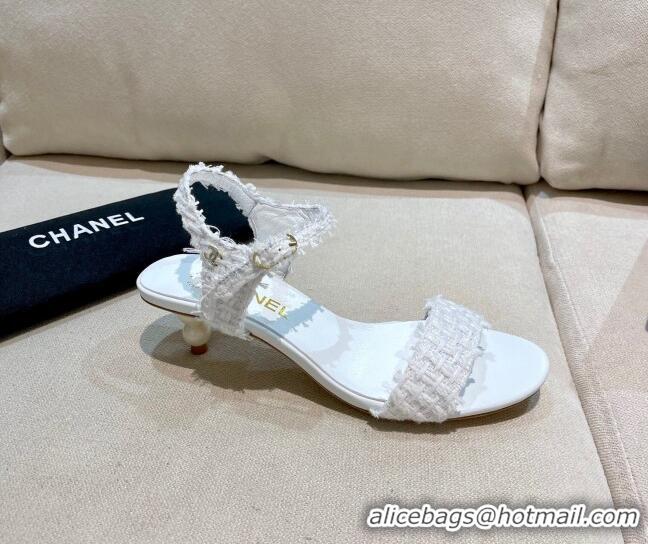 Unique Grade Chanel Tweed Pearl Heel Sandals 050610 White 2021