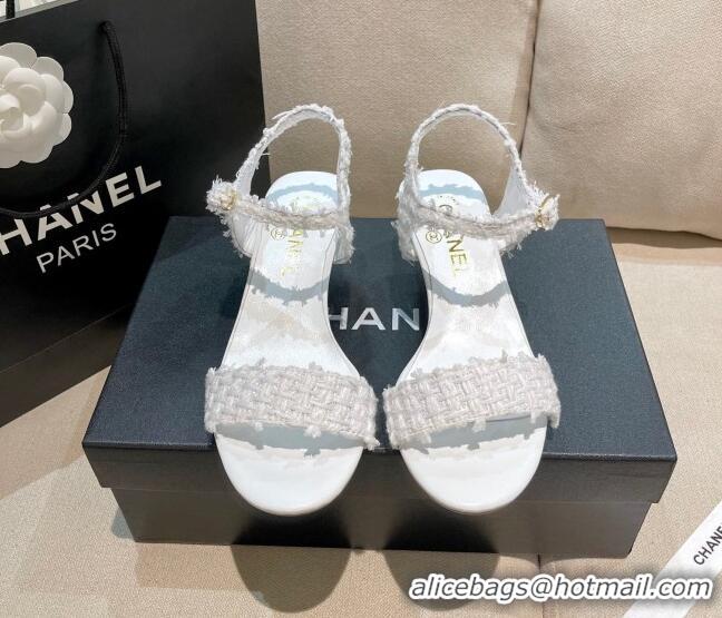 Unique Grade Chanel Tweed Pearl Heel Sandals 050610 White 2021