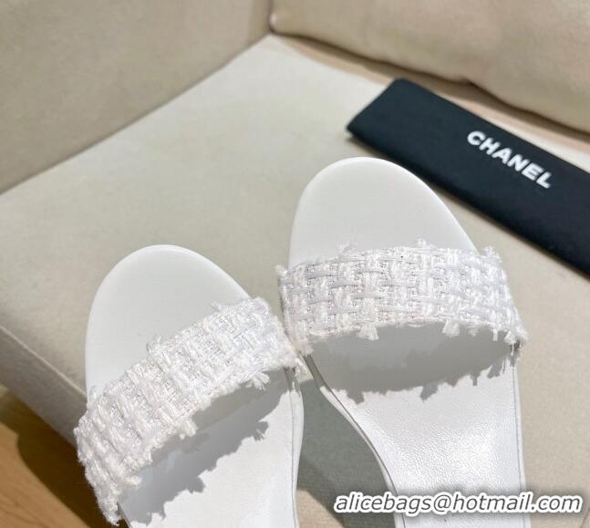 Unique Grade Chanel Tweed Pearl Heel Sandals 050610 White 2021