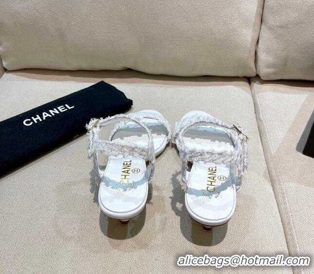 Unique Grade Chanel Tweed Pearl Heel Sandals 050610 White 2021