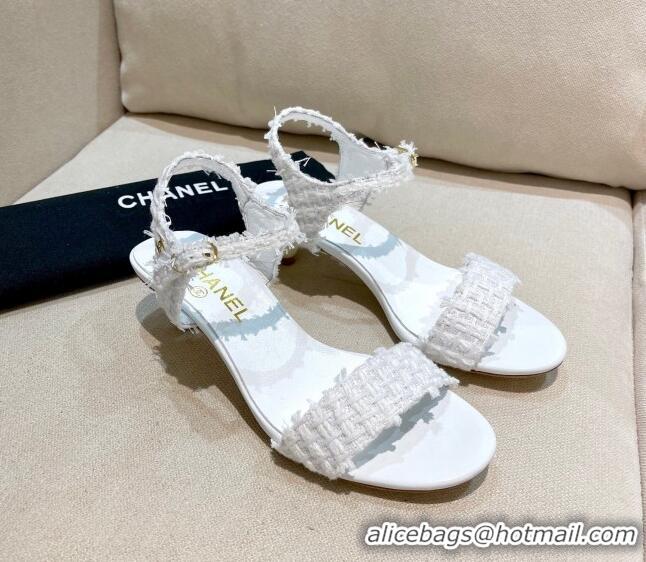 Unique Grade Chanel Tweed Pearl Heel Sandals 050610 White 2021