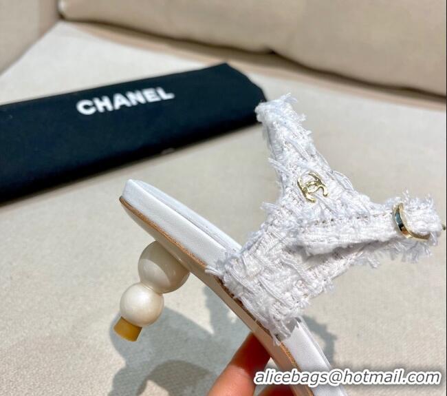 Unique Grade Chanel Tweed Pearl Heel Sandals 050610 White 2021