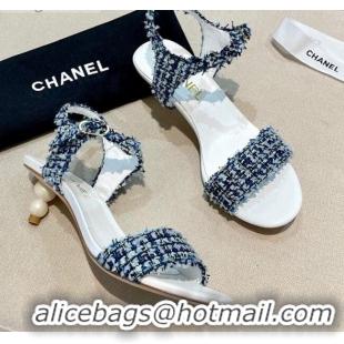 Affordable Price Chanel Tweed Pearl Heel Sandals 050610 Navy Blue 2021