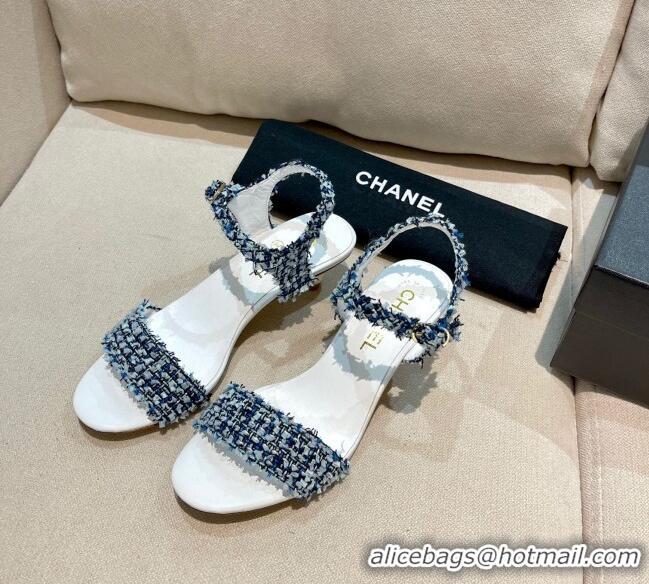 Affordable Price Chanel Tweed Pearl Heel Sandals 050610 Navy Blue 2021