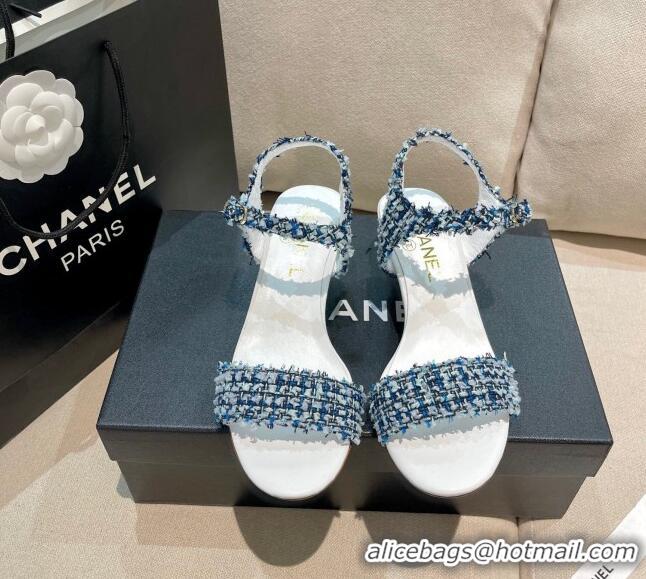 Affordable Price Chanel Tweed Pearl Heel Sandals 050610 Navy Blue 2021