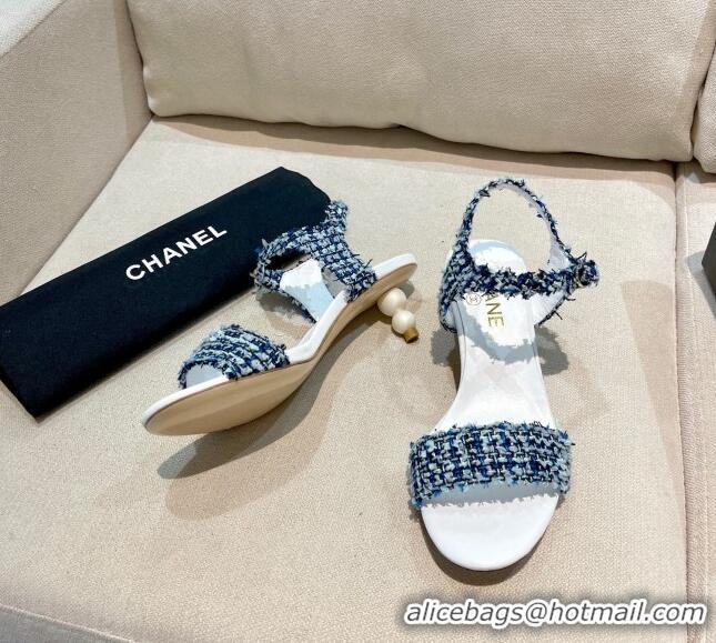 Affordable Price Chanel Tweed Pearl Heel Sandals 050610 Navy Blue 2021