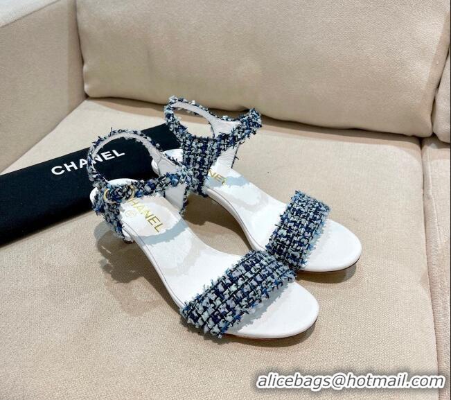 Affordable Price Chanel Tweed Pearl Heel Sandals 050610 Navy Blue 2021