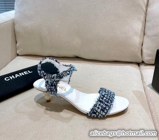 Affordable Price Chanel Tweed Pearl Heel Sandals 050610 Navy Blue 2021