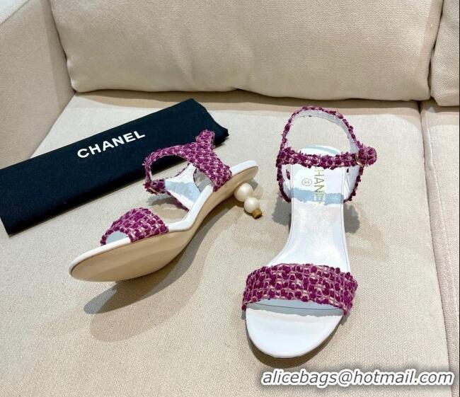 Low Cost Chanel Tweed Pearl Heel Sandals 050610 Lilac Purple 2021