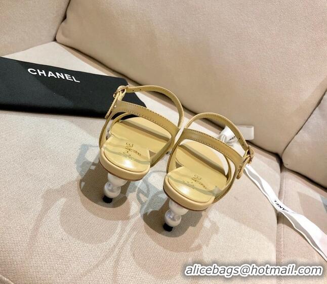 Best Design Chanel Calfskin Pearl Heel Sandals 050617 Nude 2021