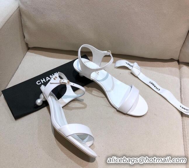 Low Price Chanel Calfskin Pearl Heel Sandals 050617 White 2021