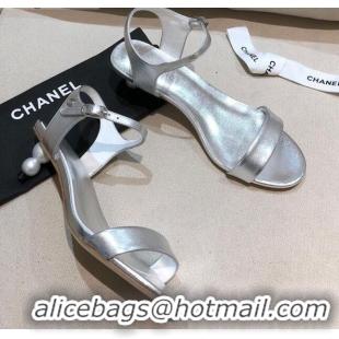 Best Price Chanel Calfskin Pearl Heel Sandals 050617 Silver 2021