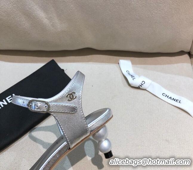 Best Price Chanel Calfskin Pearl Heel Sandals 050617 Silver 2021