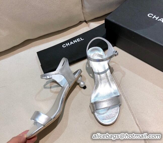 Best Price Chanel Calfskin Pearl Heel Sandals 050617 Silver 2021