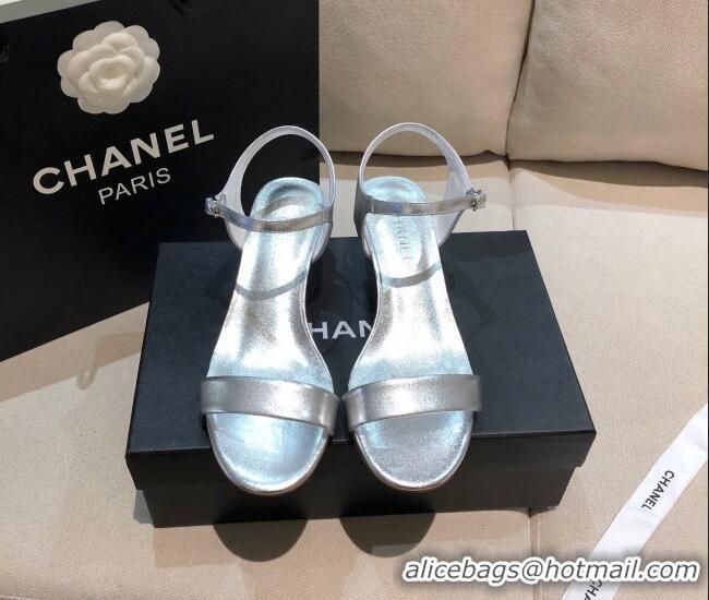 Best Price Chanel Calfskin Pearl Heel Sandals 050617 Silver 2021