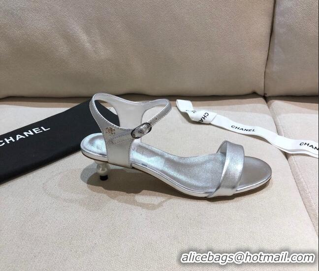 Best Price Chanel Calfskin Pearl Heel Sandals 050617 Silver 2021