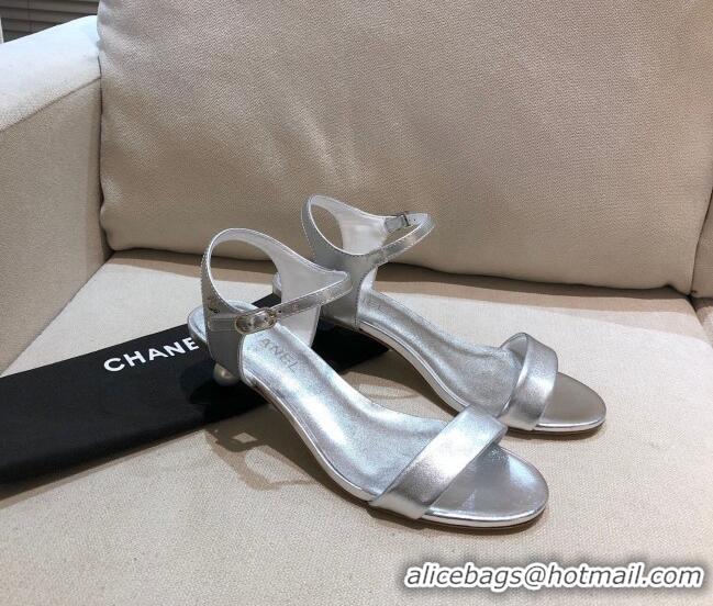 Best Price Chanel Calfskin Pearl Heel Sandals 050617 Silver 2021