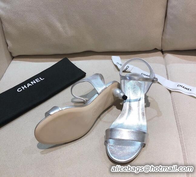 Best Price Chanel Calfskin Pearl Heel Sandals 050617 Silver 2021