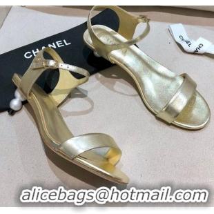 Top Quality Chanel Calfskin Pearl Heel Sandals 050620 Gold 2021