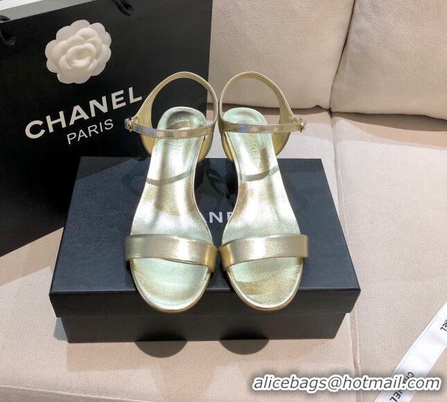 Top Quality Chanel Calfskin Pearl Heel Sandals 050620 Gold 2021