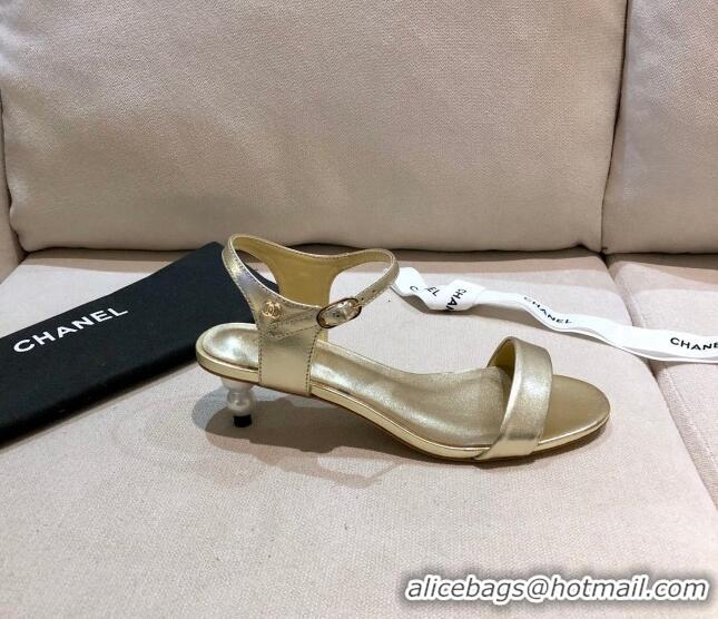 Top Quality Chanel Calfskin Pearl Heel Sandals 050620 Gold 2021