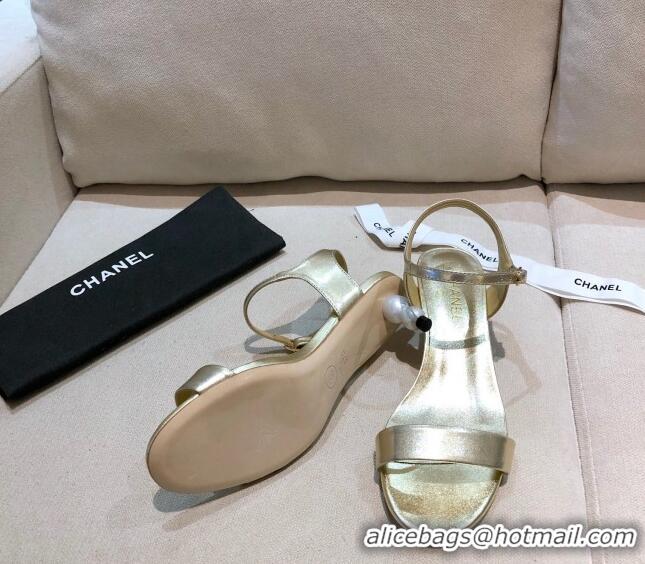 Top Quality Chanel Calfskin Pearl Heel Sandals 050620 Gold 2021