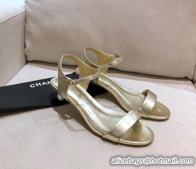 Top Quality Chanel Calfskin Pearl Heel Sandals 050620 Gold 2021