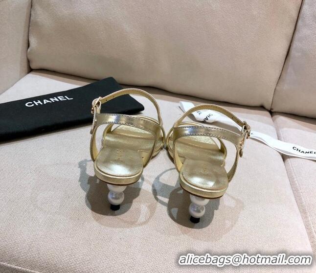 Top Quality Chanel Calfskin Pearl Heel Sandals 050620 Gold 2021