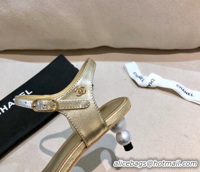 Top Quality Chanel Calfskin Pearl Heel Sandals 050620 Gold 2021