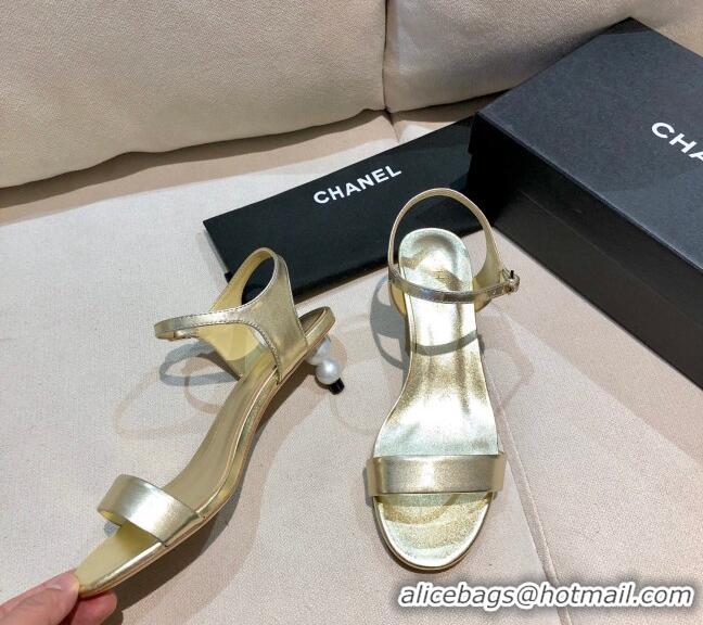 Top Quality Chanel Calfskin Pearl Heel Sandals 050620 Gold 2021