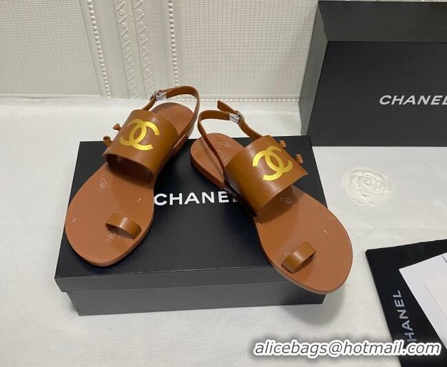 Best Quality Chanel Calfskin Thong Flat Sandals G36885 Brown 2021