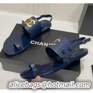 Good Quality Chanel Calfskin Thong Flat Sandals G36885 Navy Blue 2021