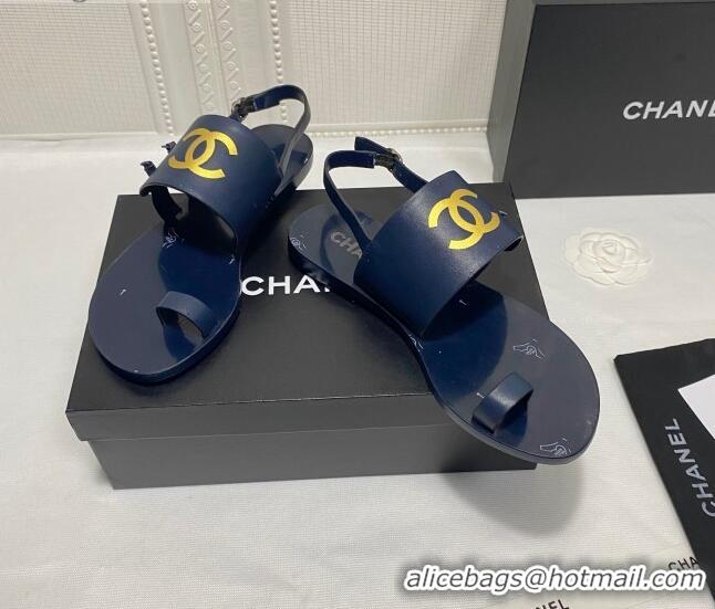 Good Quality Chanel Calfskin Thong Flat Sandals G36885 Navy Blue 2021