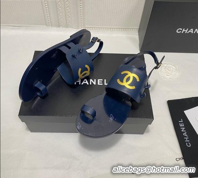 Good Quality Chanel Calfskin Thong Flat Sandals G36885 Navy Blue 2021