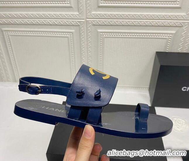 Good Quality Chanel Calfskin Thong Flat Sandals G36885 Navy Blue 2021