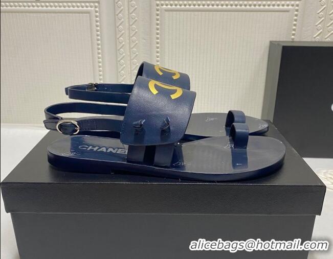 Good Quality Chanel Calfskin Thong Flat Sandals G36885 Navy Blue 2021