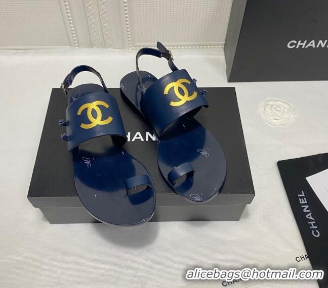 Good Quality Chanel Calfskin Thong Flat Sandals G36885 Navy Blue 2021