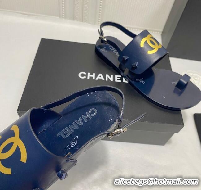 Good Quality Chanel Calfskin Thong Flat Sandals G36885 Navy Blue 2021