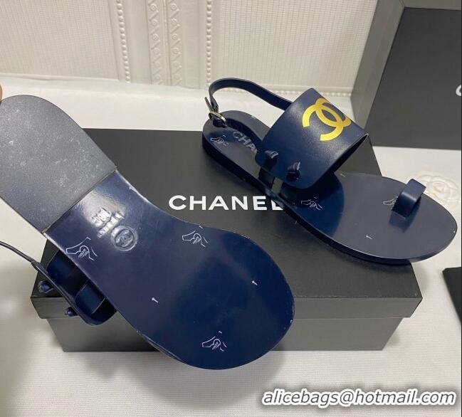 Good Quality Chanel Calfskin Thong Flat Sandals G36885 Navy Blue 2021