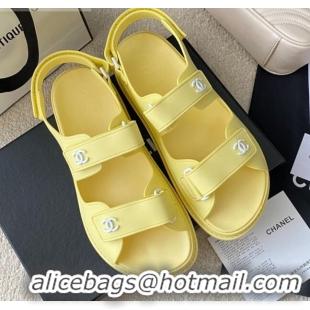 Low Price Chanel Leather Strap Flat Sandals with White CC Charm G35927 Yellow 2021