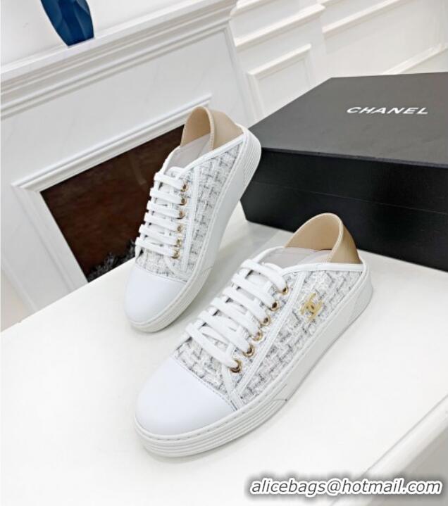 Perfect Chanel Tweed Lace up Sneakers 050786 White 2021