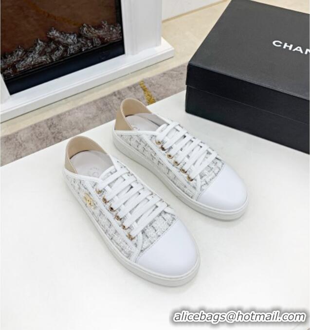 Perfect Chanel Tweed Lace up Sneakers 050786 White 2021