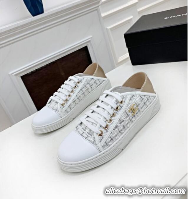 Perfect Chanel Tweed Lace up Sneakers 050786 White 2021