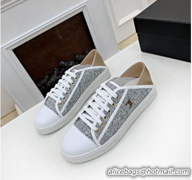 Popular Style Chanel Tweed Lace up Sneakers 050786 Gray 2021