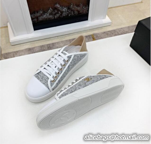 Popular Style Chanel Tweed Lace up Sneakers 050786 Gray 2021