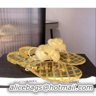 Good Quality Chanel Transparent Flat Thong Sandals with Camellia 051049 Yellow 2021