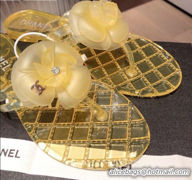 Good Quality Chanel Transparent Flat Thong Sandals with Camellia 051049 Yellow 2021